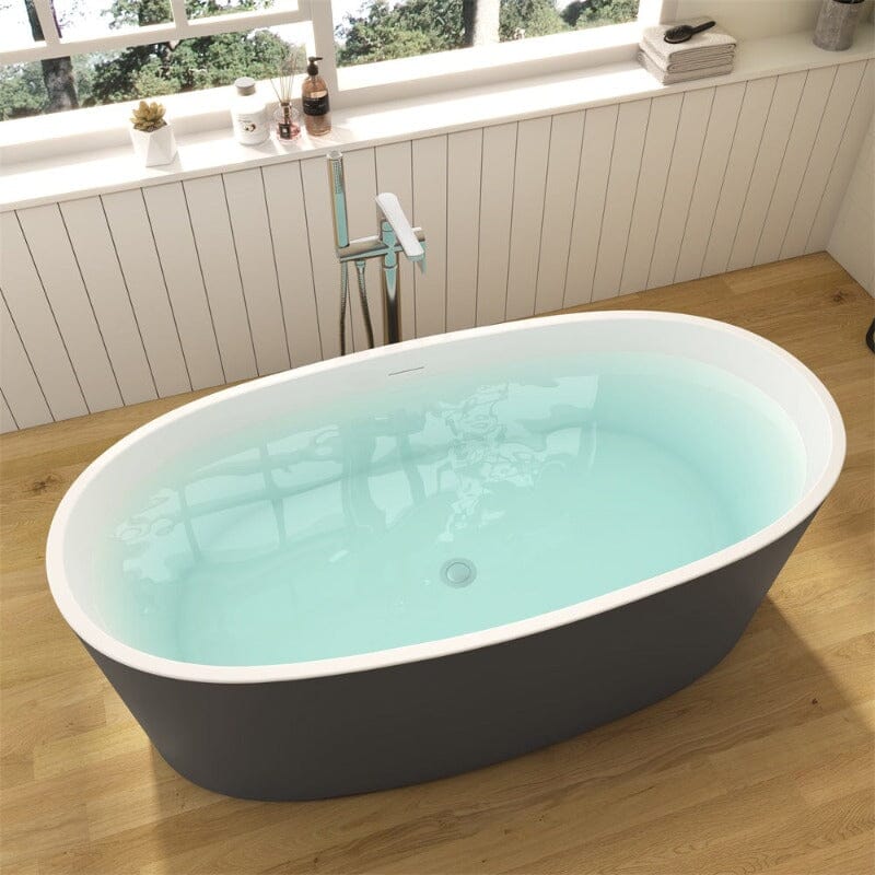 grey freestanding soaking tub with acrylic surface and clean oval shape