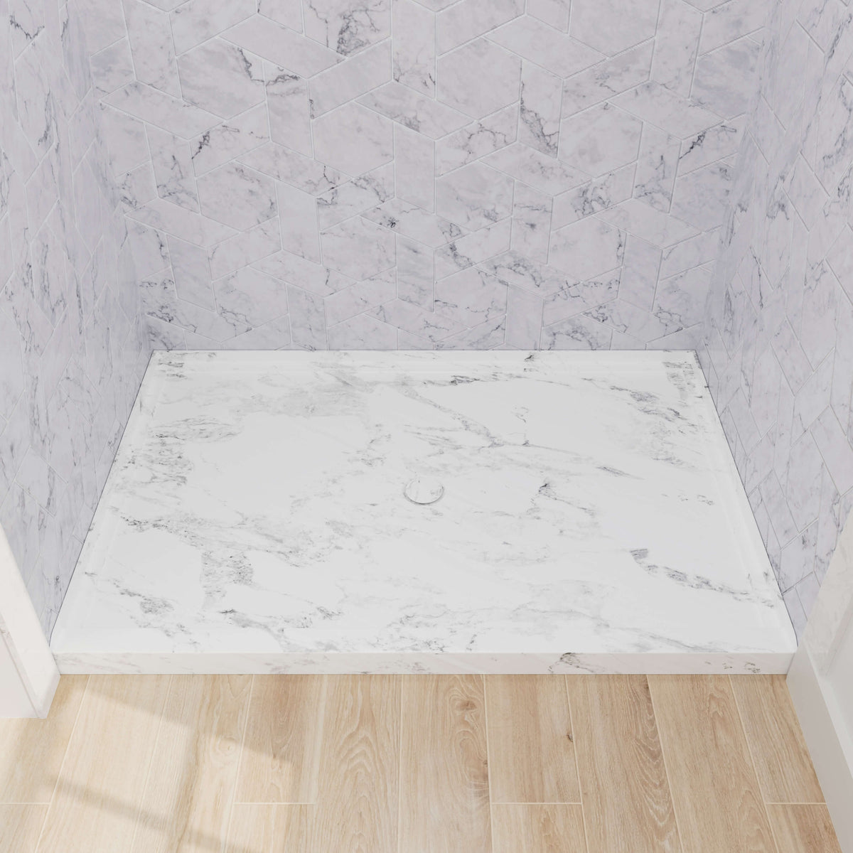 jazz white 48x32 inch shower pan with textured surface and center drain design