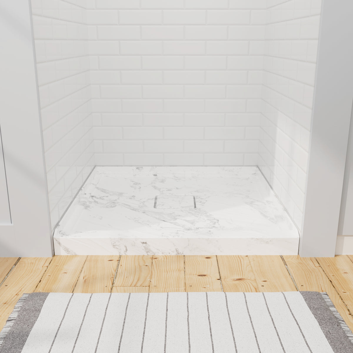 modern white 36x36 shower base with center drain for walk-in shower bathroom setup
