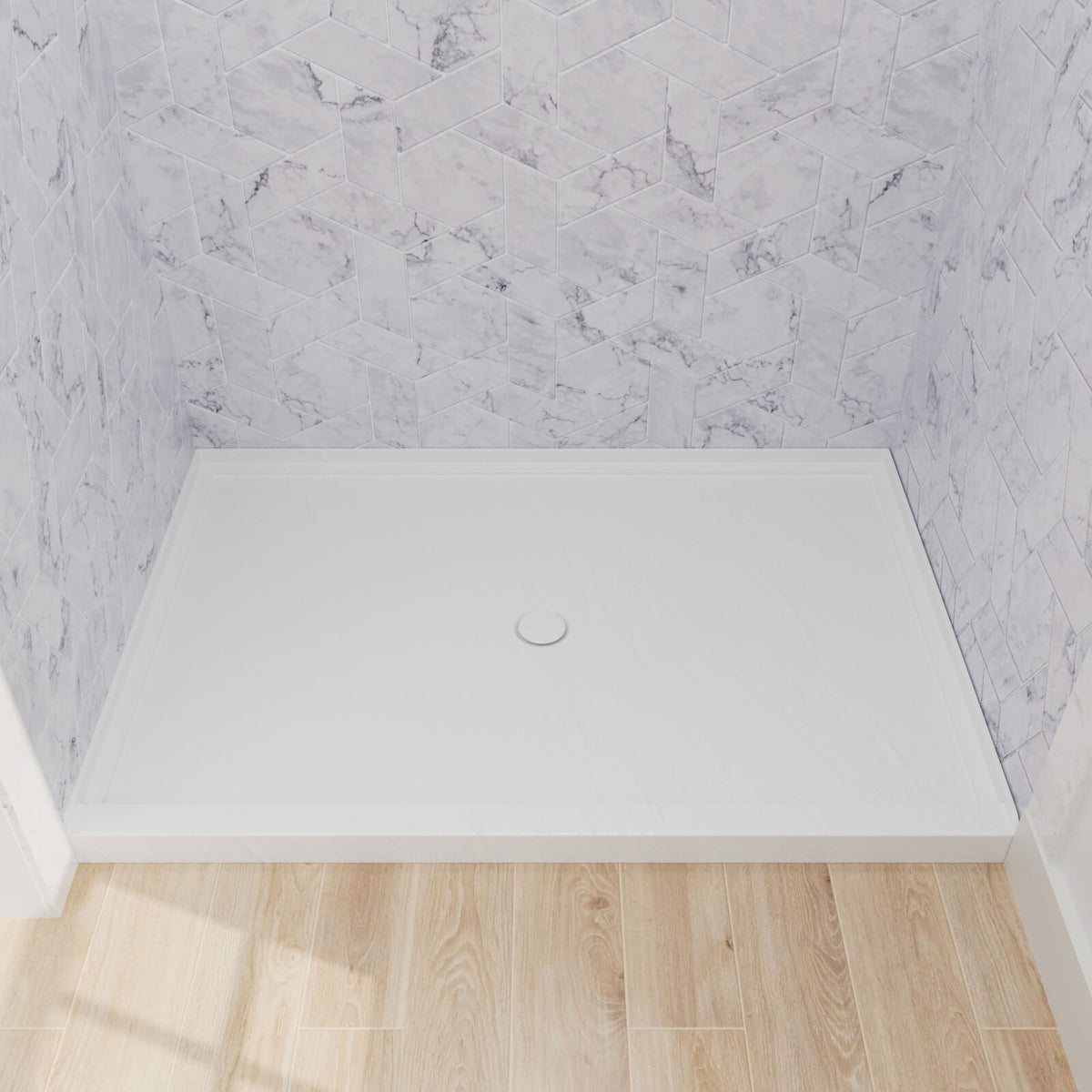 modern white 48x32 shower base with anti-slip texture and center drain