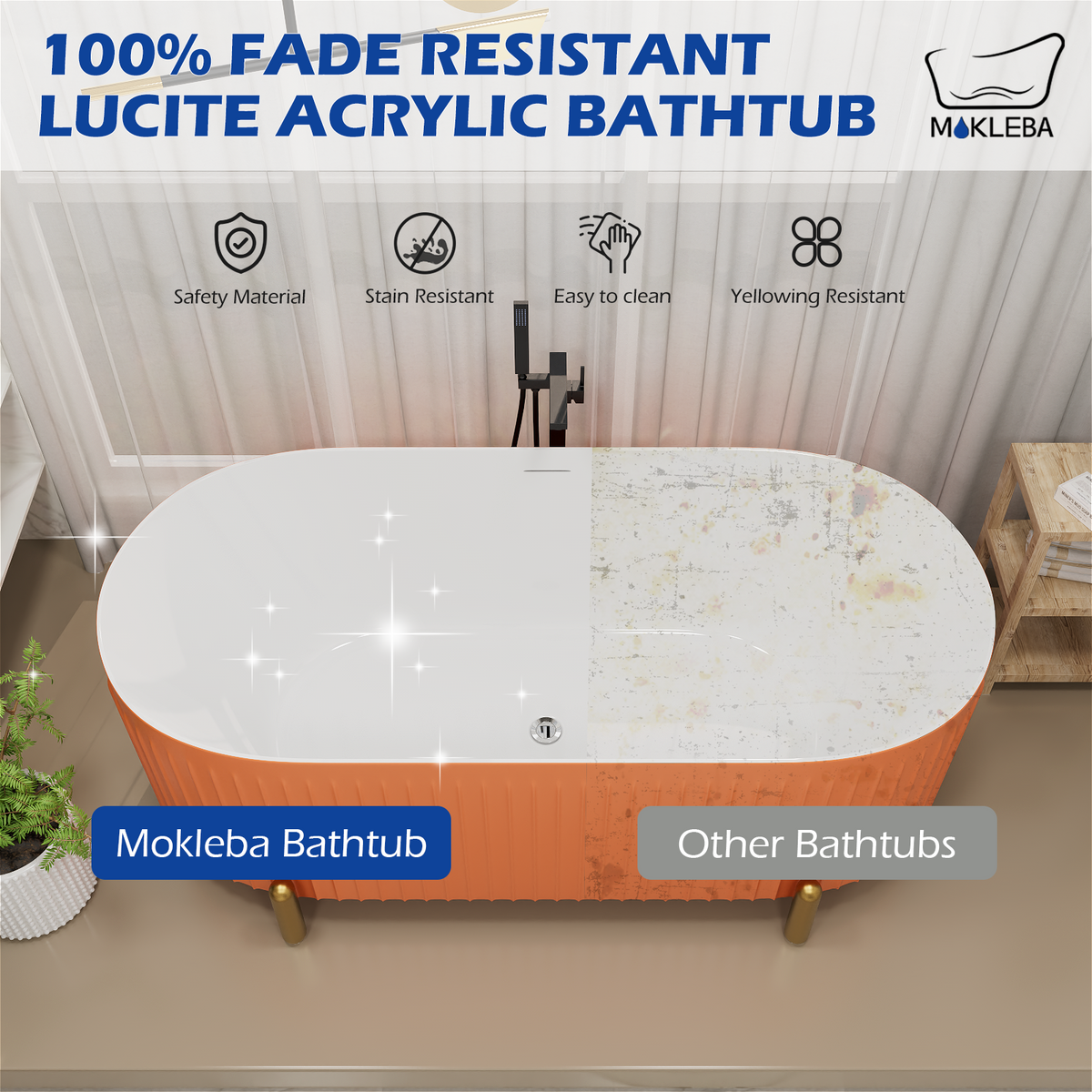 Mokleba Stylish 67'' Oval Acrylic Freestanding Soaking Bathtub-Matte Grey and Orange