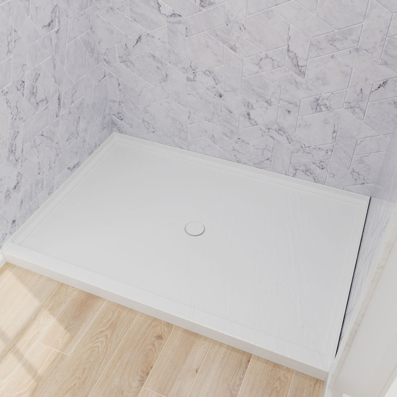 mokleba white textured 48x32 shower pan with round center drain