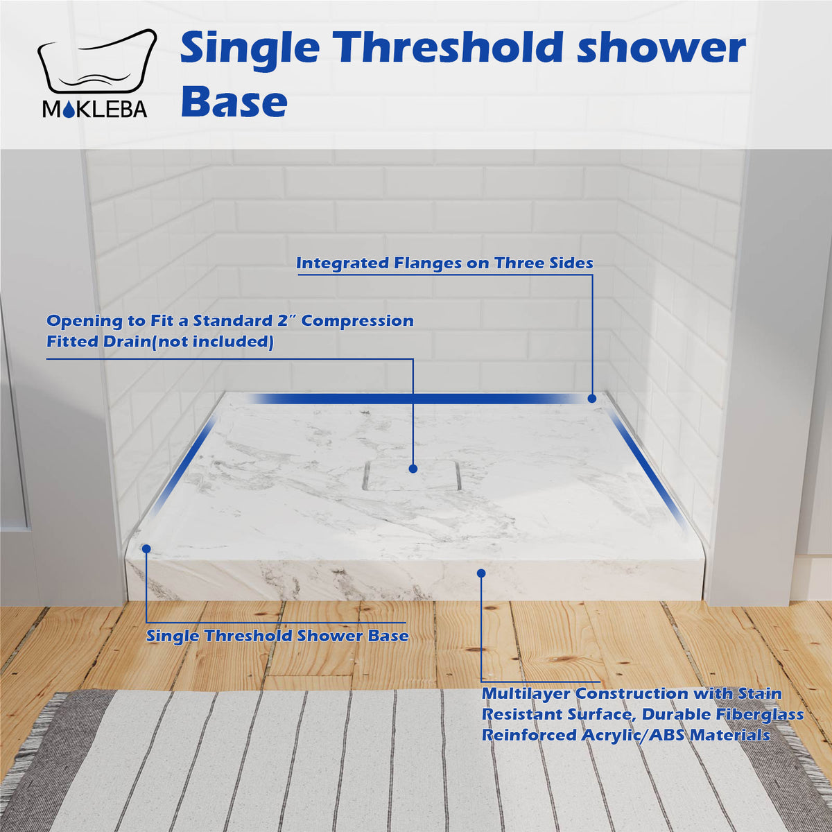 rectangular shower base single threshold design for alcove shower installation